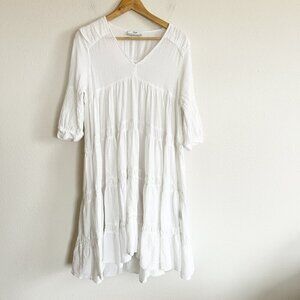 Devotion Twins Dress White Gauze Ruffle Midi V-Neck 3/4 Sleeve Peasant